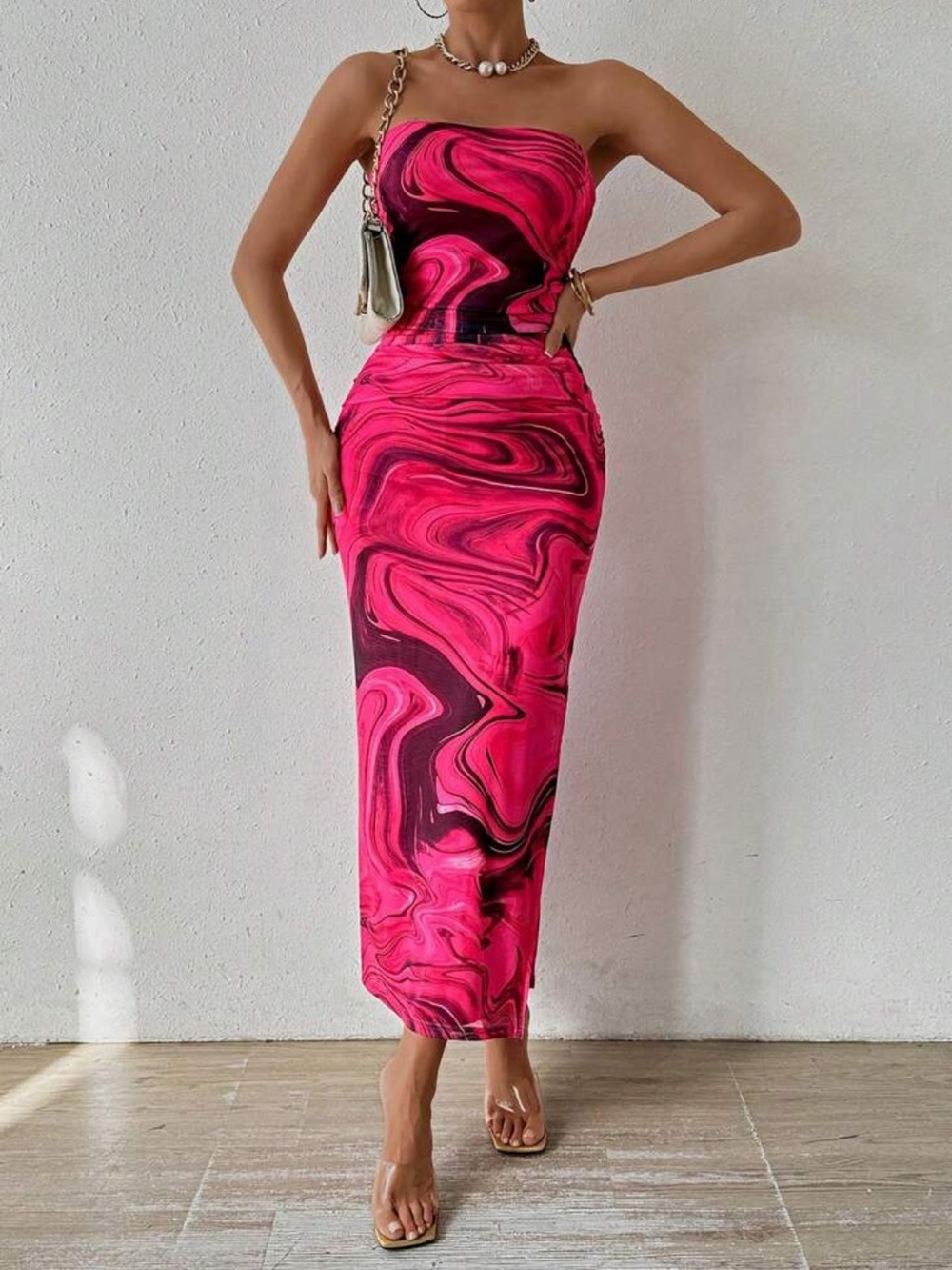 Strapless Hot Pink and Black Women's Maxi Dress